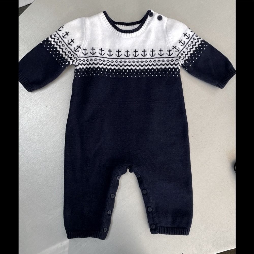 Janie and Jack Nautical navy &white knit  one piece 0-3 months